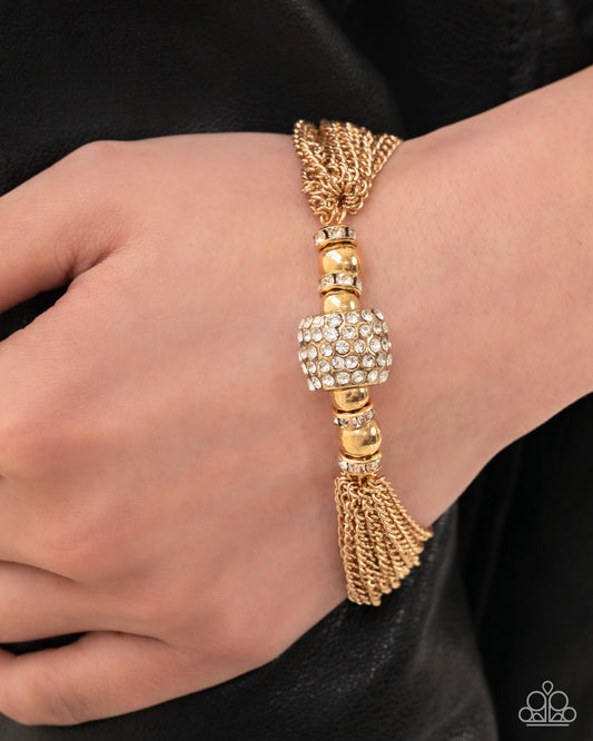 Paparazzi High-Handed Haute - Gold Chain, Bead & White Rhinestone Oversized Accent Clasp Bracelet Magnificent Musings March 2025 Fashion Fix