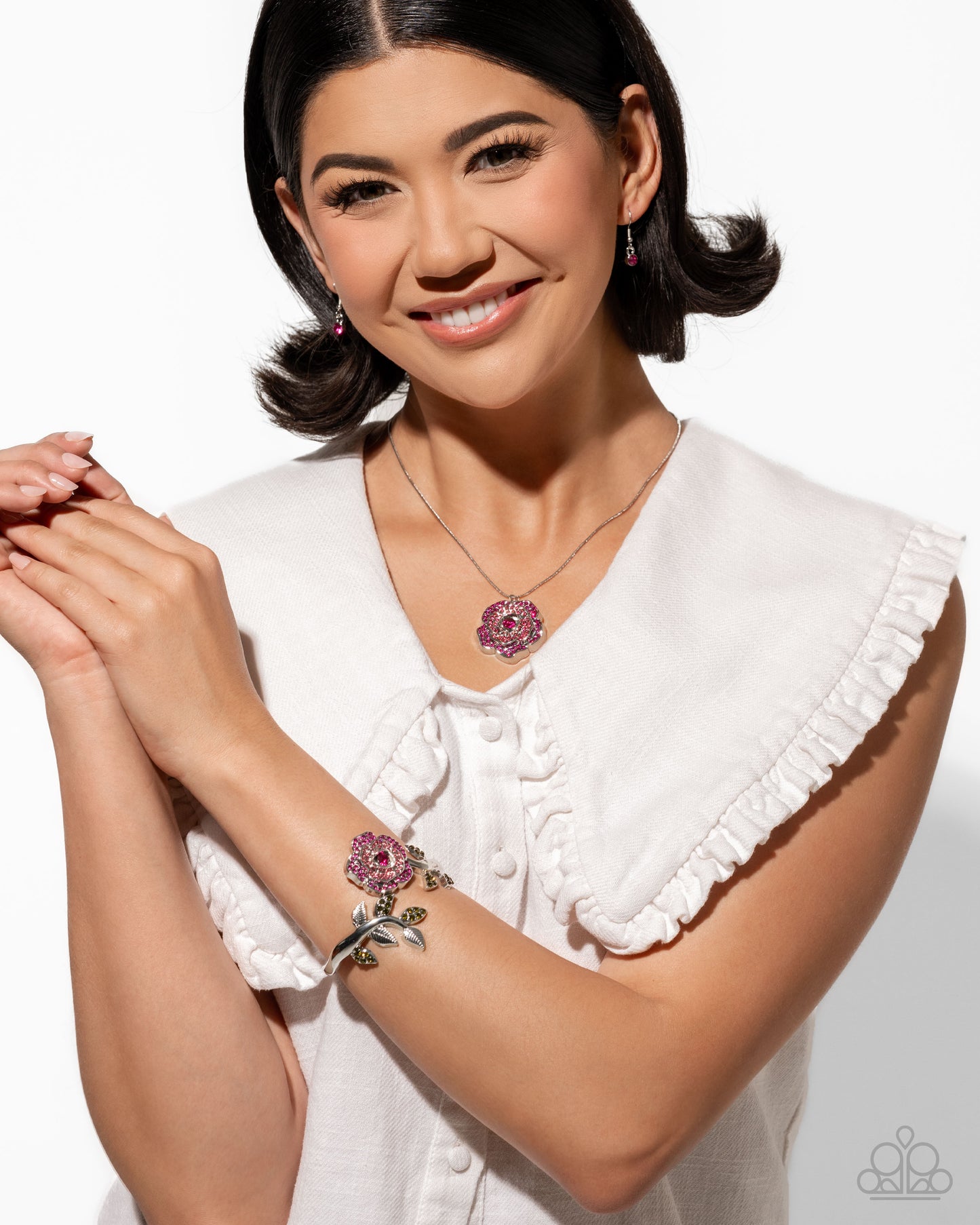Bewitching Belle - Pink Fuchsia & Rose Rhinestone Flower Hinge Bracelet April 2025 Life Of The Party Paparazzi B2133