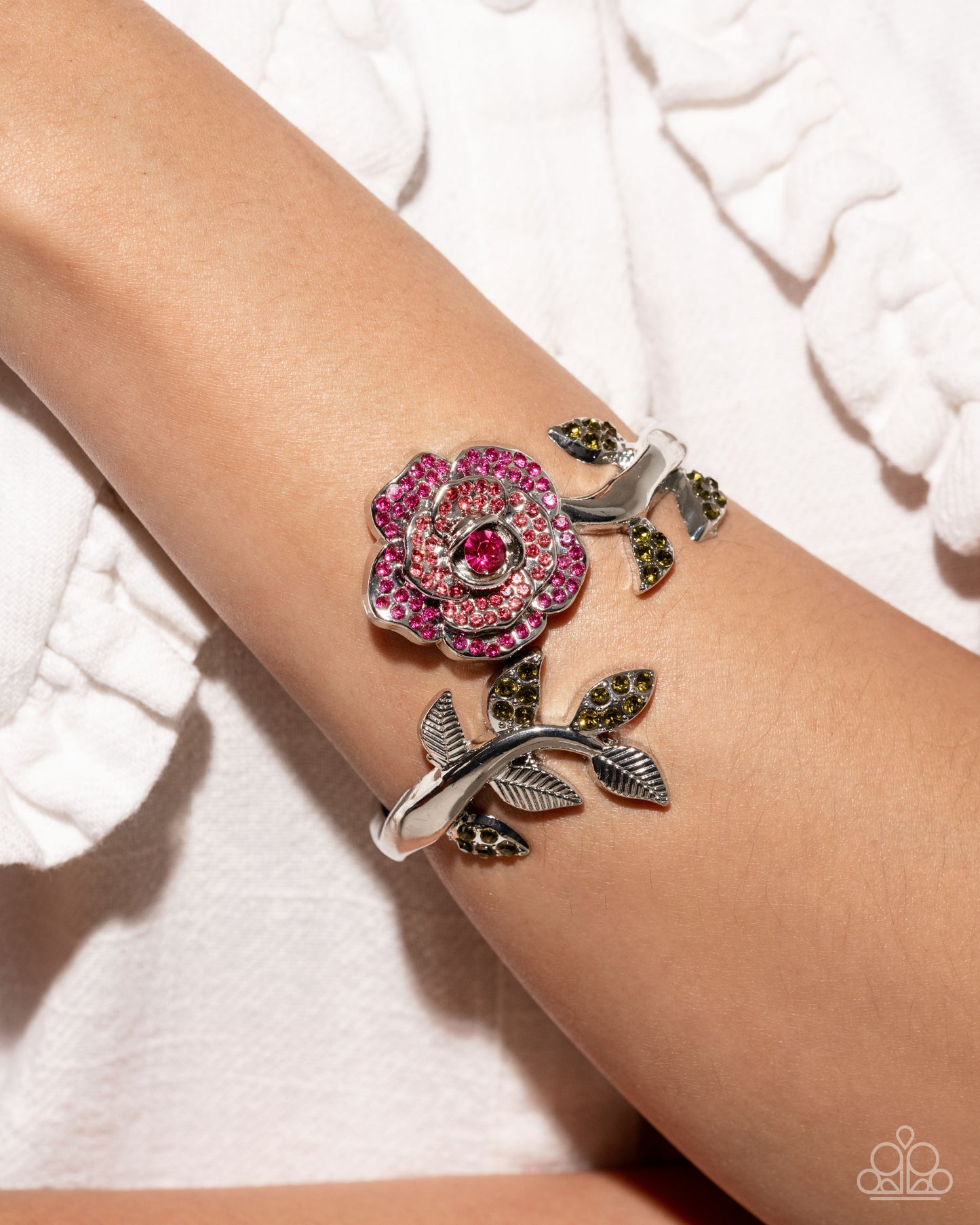 Bewitching Belle - Pink Fuchsia & Rose Rhinestone Flower Hinge Bracelet April 2025 Life Of The Party Paparazzi B2133