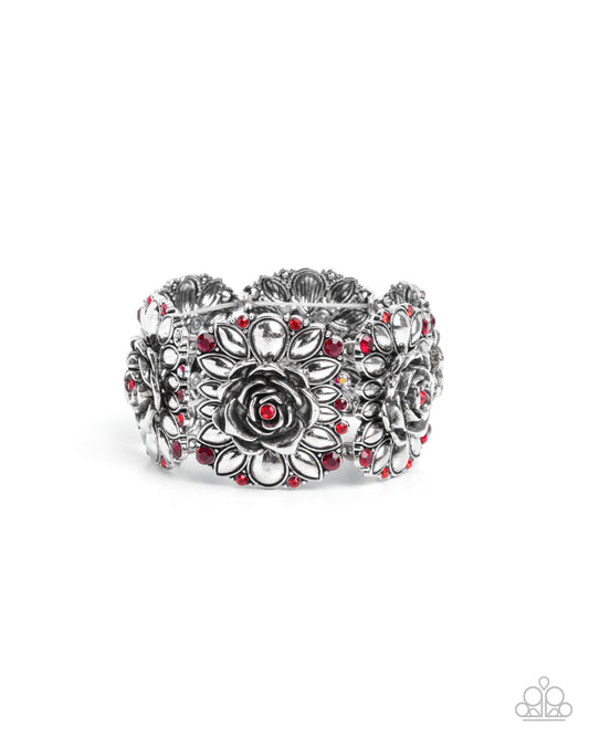 Blooming Balance - Red, Light Red Rhinestone Silver Rose Stretch Bracelet Paparazzi B2214