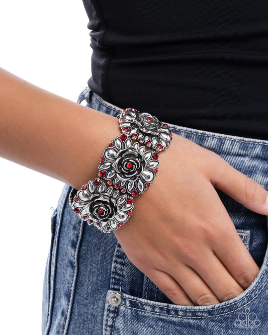 Blooming Balance - Red, Light Red Rhinestone Silver Rose Stretch Bracelet Paparazzi B2214