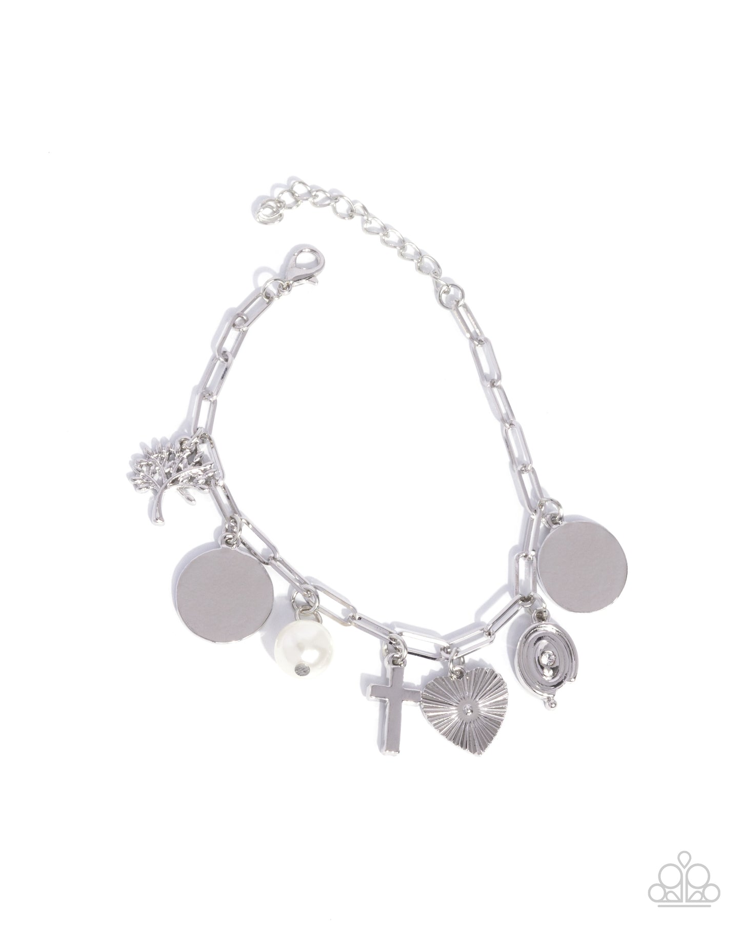 Charm Commitment - White Pearl, Silver Cross, Heart Charm Bracelet Paparazzi