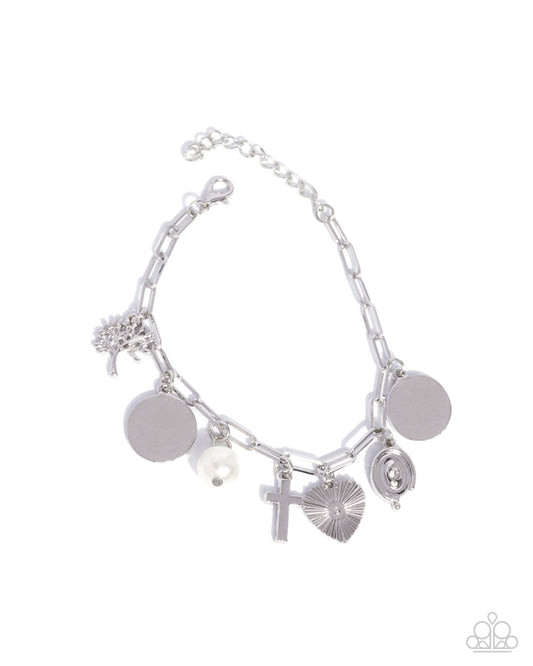 Charm Commitment - White Pearl, Silver Cross, Heart Charm Bracelet Paparazzi