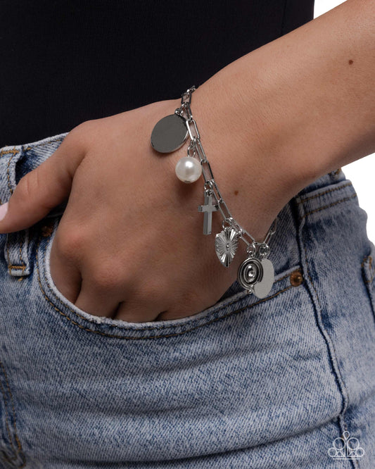 Charm Commitment - White Pearl, Silver Cross, Heart Charm Bracelet Paparazzi