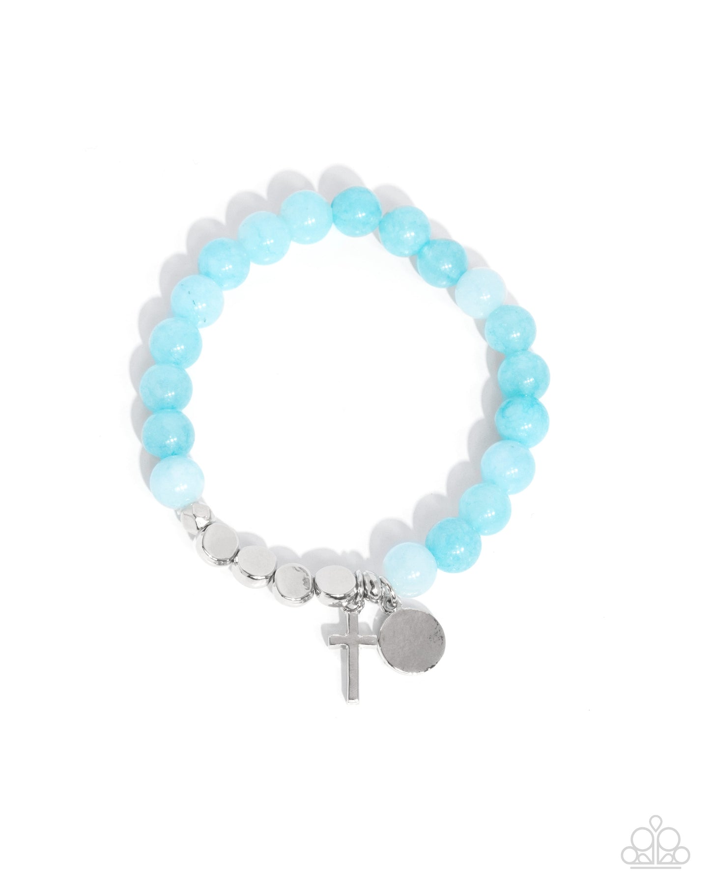 Devout Debut - Blue Stone Bead Silver Cross Stretch Bracelet Paparazzi B2103