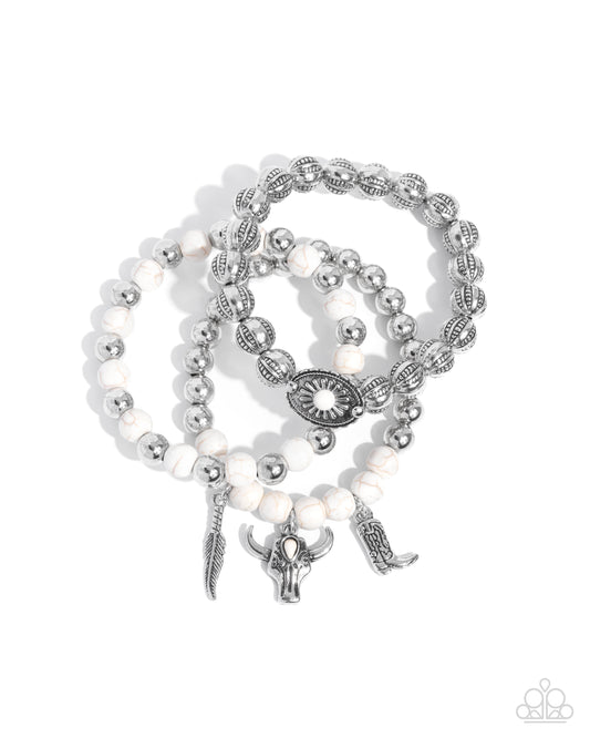 Paparazzi Western Wardrobe - White Stone Silver Santa Fe Style Charm Bull Skull, Cowboy Boot & Feather Set Of 3 Stretch Bracelets B2665