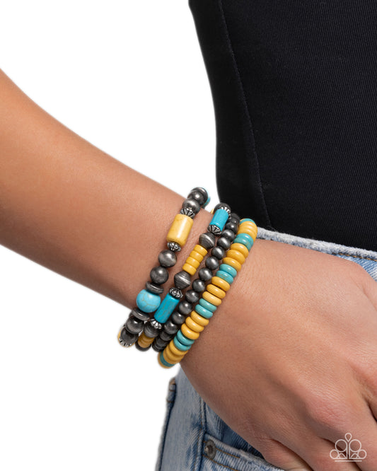 Adorably Abundant - Yellow, Blue Turquoise Stone & Navajo Pearl Bead Set Of 4 Stretch Bracelets Santa Fe Style Paparazzi B2277