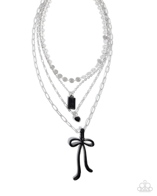 Paparazzi Coquette Cascade - Black Bow Silver Chain Layered Necklace N3988