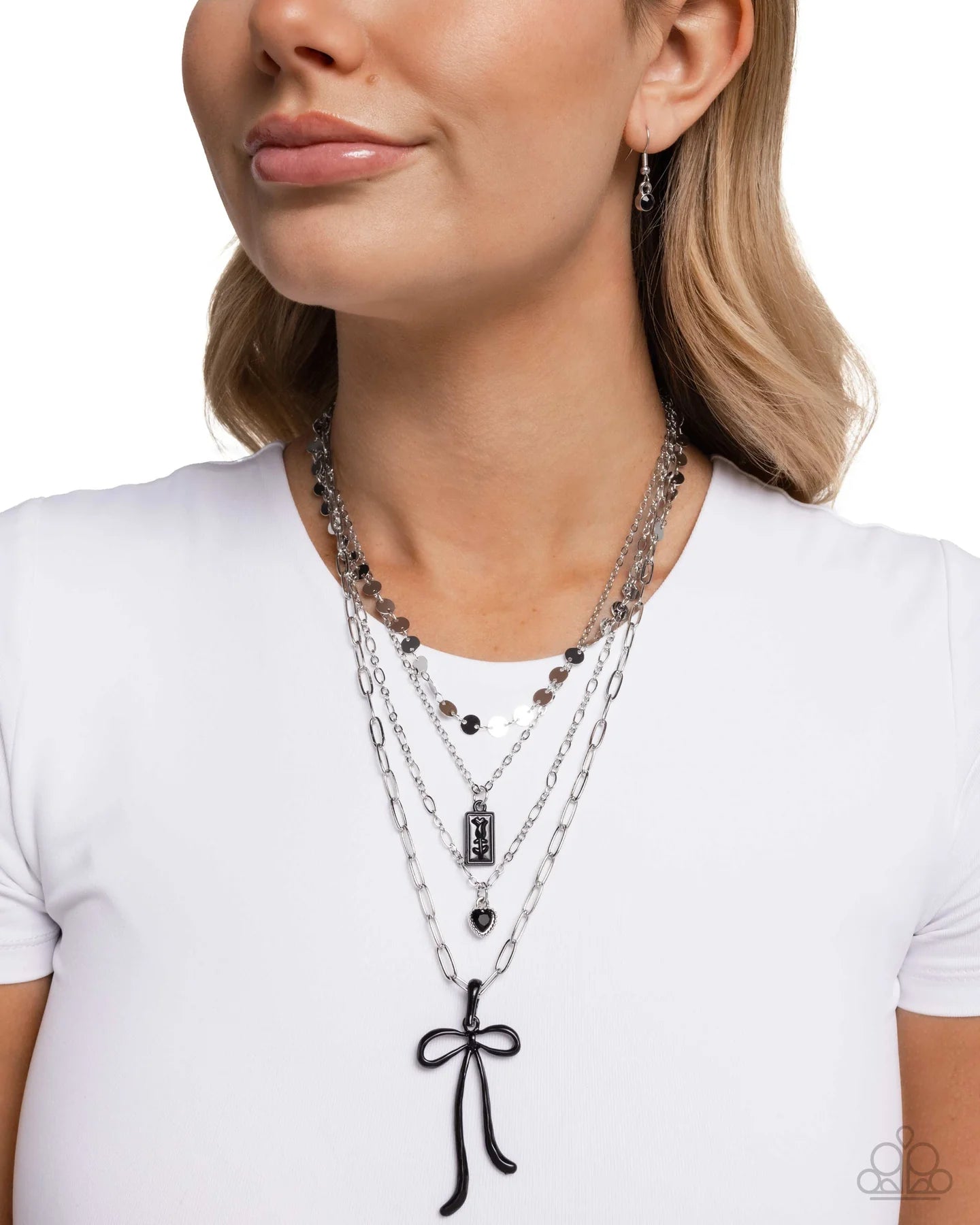 Paparazzi Coquette Cascade - Black Bow Silver Chain Layered Necklace N3988