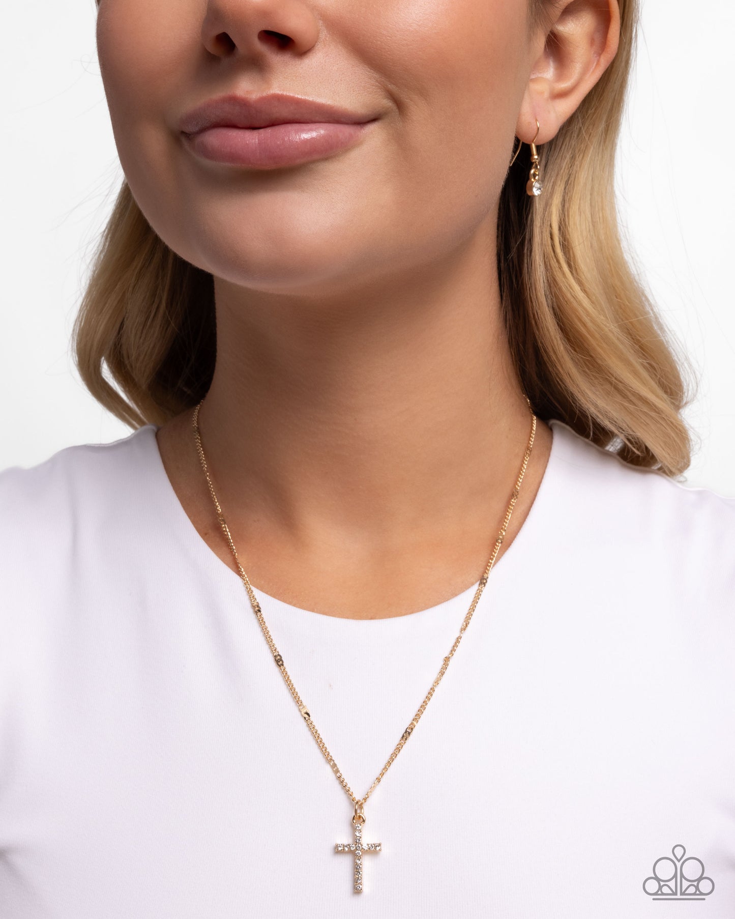 Endless Faith - Gold Dainty White Rhinestone Cross Necklace Paparazzi N3054