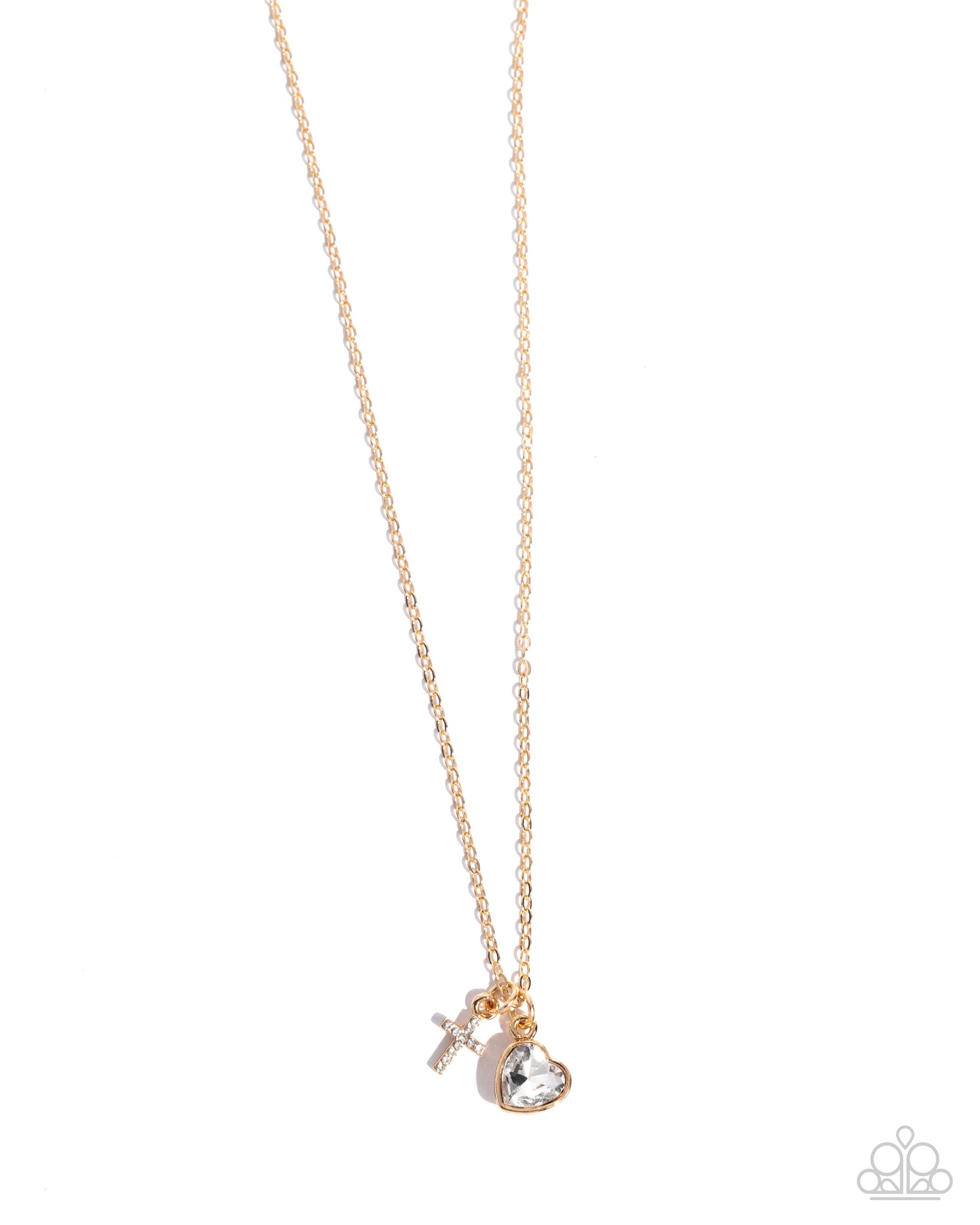 Blessed Brilliance - Gold White Rhinestone Cross & Heart Gem Necklace Paparazzi N3210