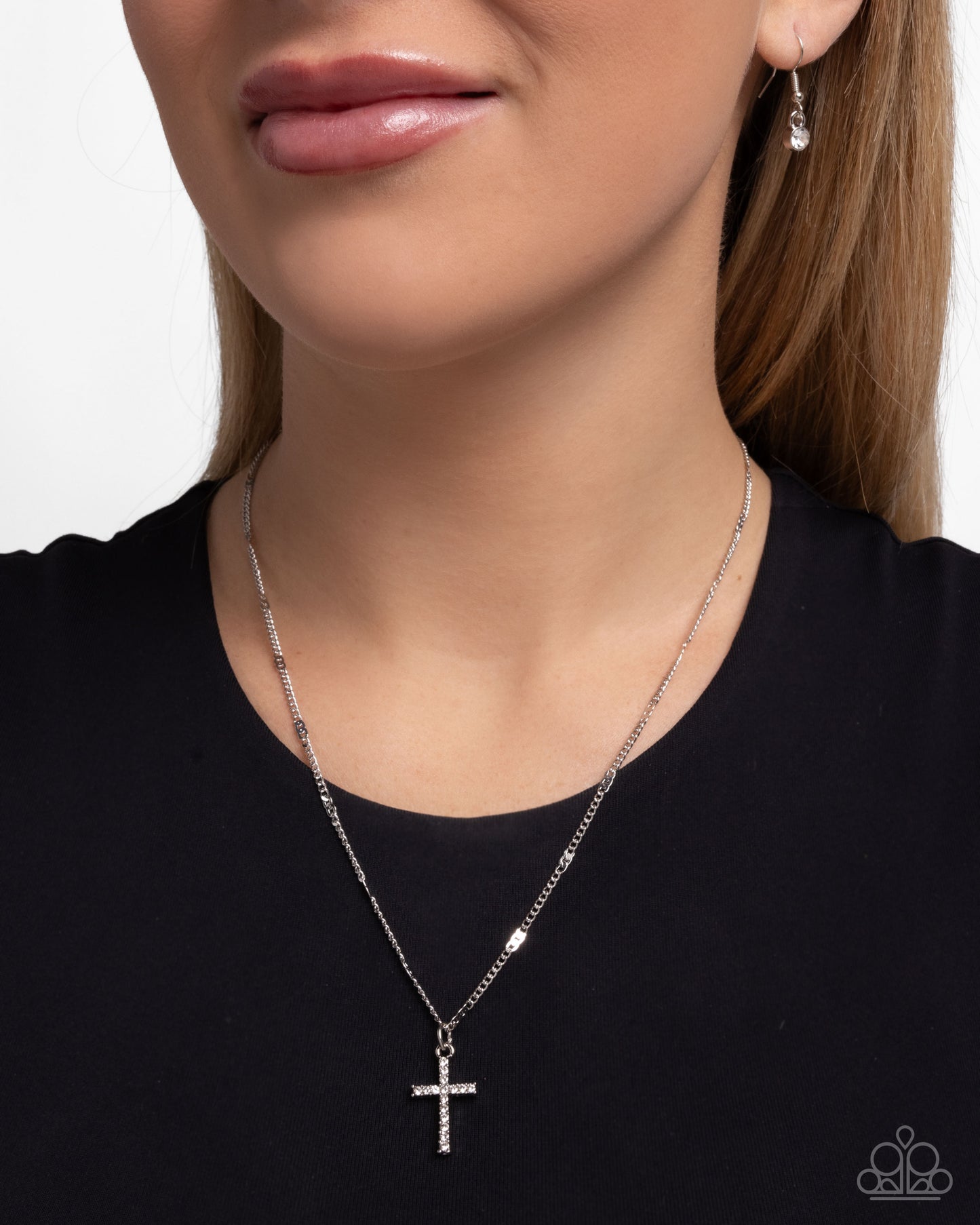 Endless Faith - White Rhinestone Silver Cross Necklace Paparazzi N3055