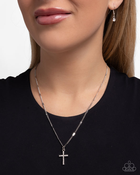 Endless Faith - White Rhinestone Silver Cross Necklace Paparazzi N3055