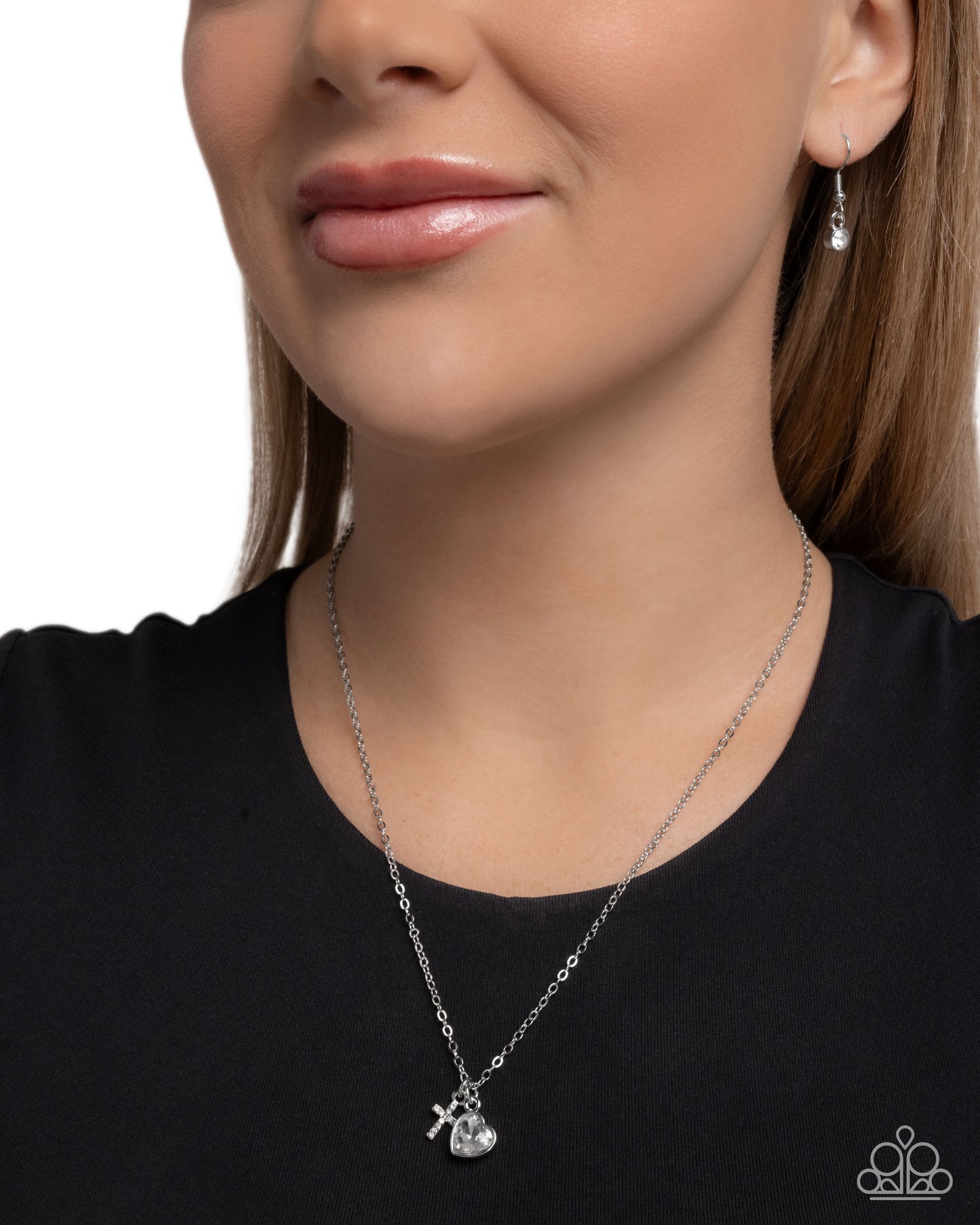 Paparazzi Blessed Brilliance - White Heart Gem & White Rhinestone Silver Cross Necklace N3824