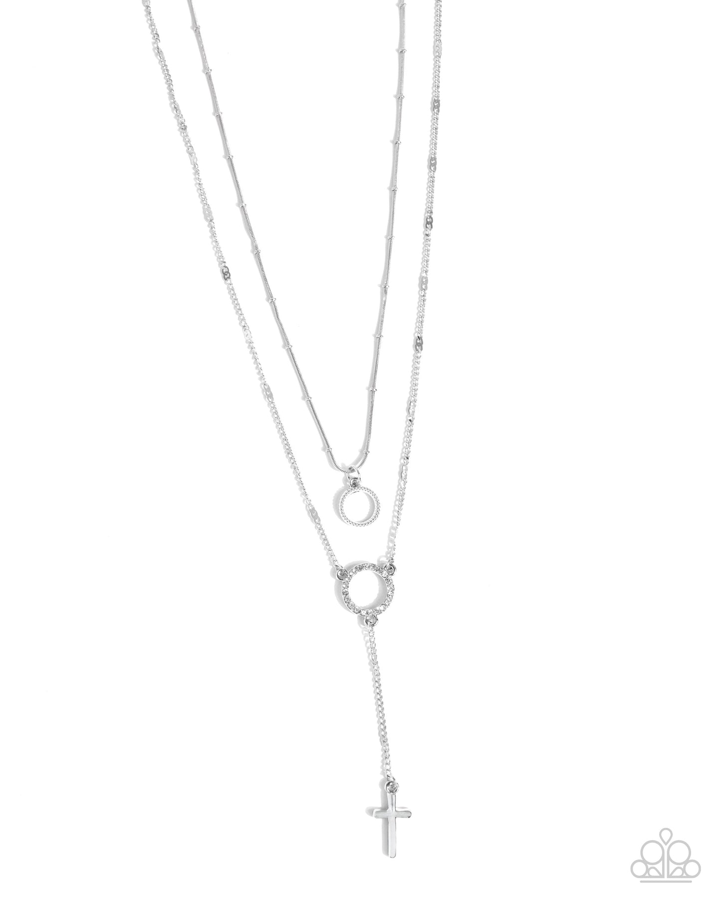 Faithfully Fierce - White Rhinestone Silver Ring Layered Cross Necklace Paparazzi N3260