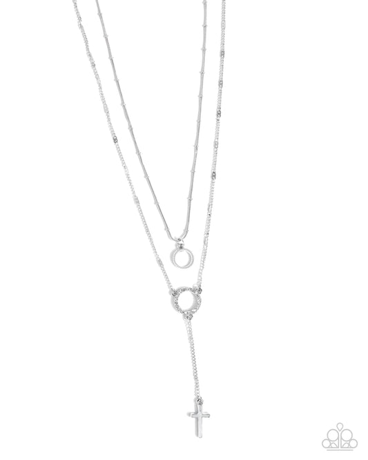 Faithfully Fierce - White Rhinestone Silver Ring Layered Cross Necklace Paparazzi N3260