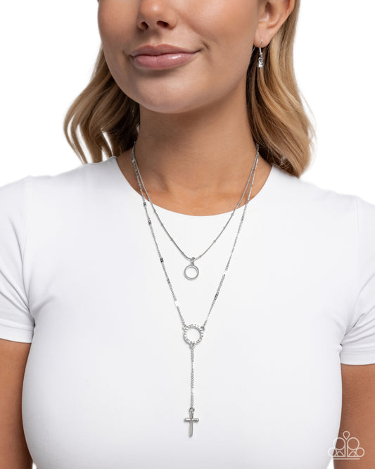 Faithfully Fierce - White Rhinestone Silver Ring Layered Cross Necklace Paparazzi N3260