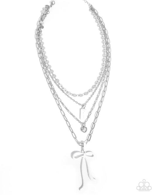 Coquette Cascade - White Painted Bow, Heart Charm Layered Necklace Paparazzi N3191