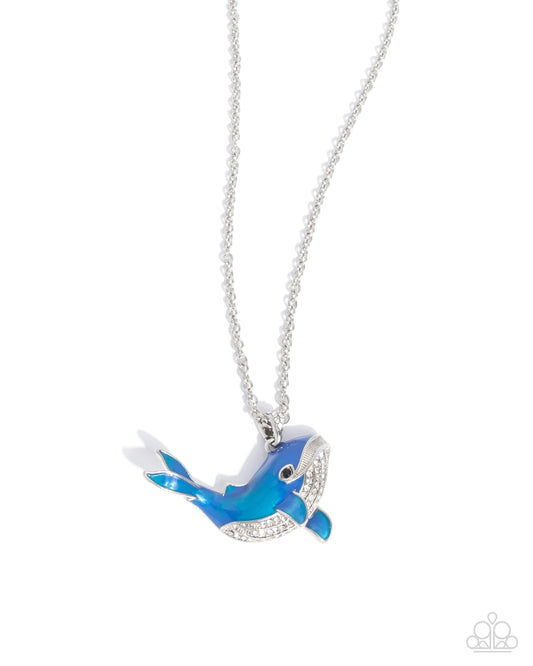 Whale Watching - Blue painted, White & Black Rhinestone Whale Necklace Paparazzi
