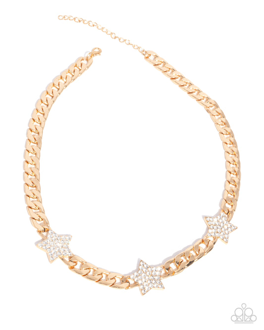 Uncle Sam Stars - Gold Curb Chain & White Rhinestone Encrusted Star Patriotic Necklace Paparazzi