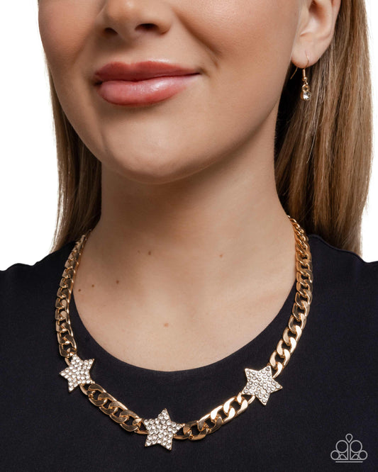 Uncle Sam Stars - Gold Curb Chain & White Rhinestone Encrusted Star Patriotic Necklace Paparazzi