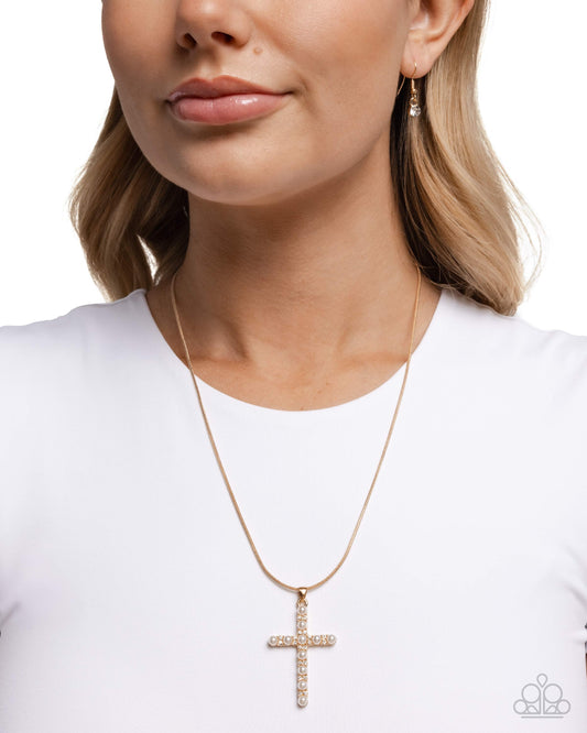 Holy Harmony - Gold Snake Chain & White Pearl Cross Pendant Necklace Paparazzi N3244