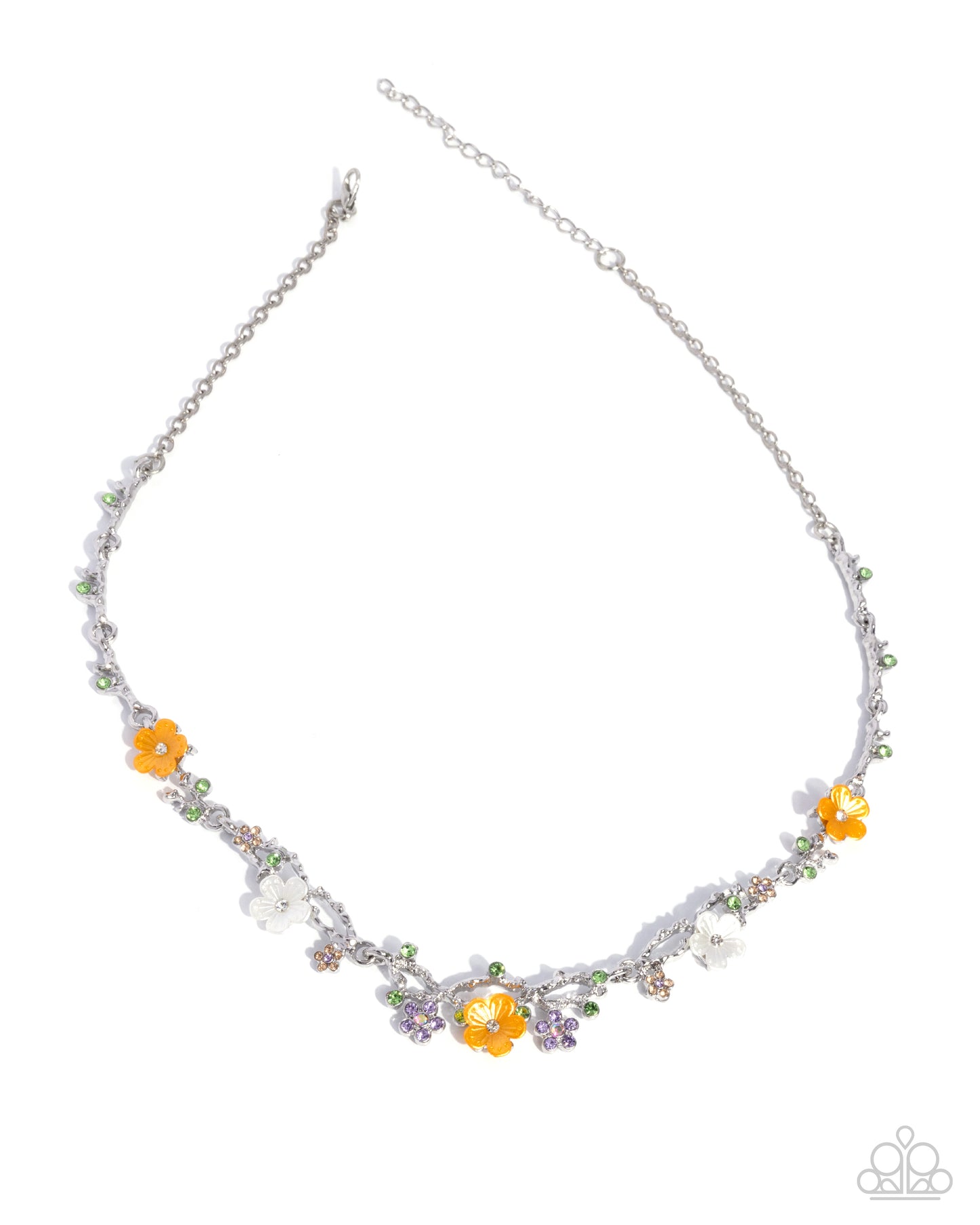 Paparazzi Floral Free Time - Orange, White Painted Flower Lavender, Peach & Green Rhinestone Necklace N4039