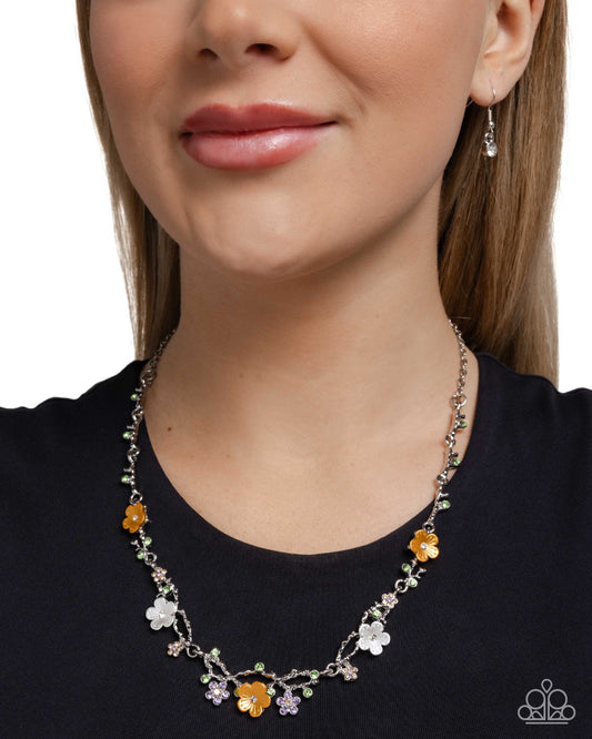 Paparazzi Floral Free Time - Orange, White Painted Flower Lavender, Peach & Green Rhinestone Necklace N4039