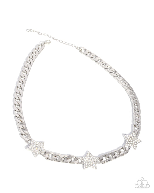 Uncle Sam Stars - White Rhinestone Stars & Silver Curb Chain Patriotic Necklace Paparazzi