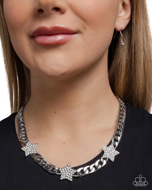 Uncle Sam Stars - White Rhinestone Stars & Silver Curb Chain Patriotic Necklace Paparazzi