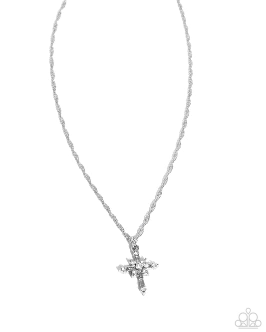 Graceful Glory - White Rhinestone Silver Chain Cross Pendant Necklace Paparazzi N3268