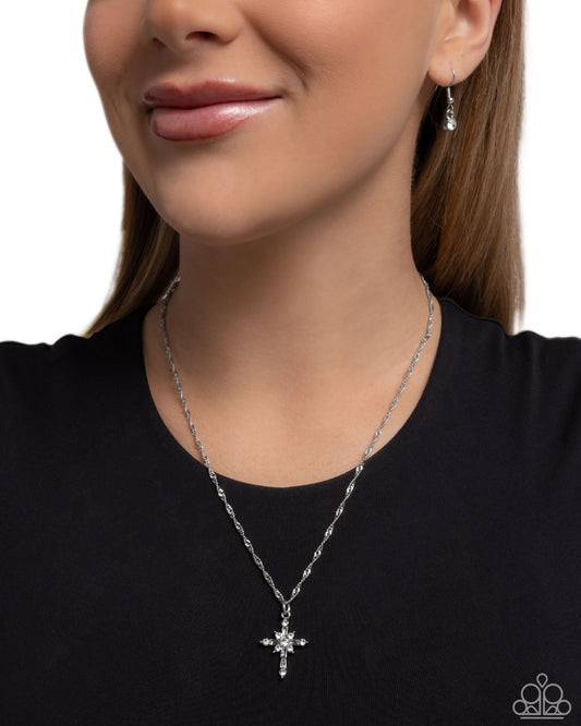 Graceful Glory - White Rhinestone Silver Chain Cross Pendant Necklace Paparazzi N3268