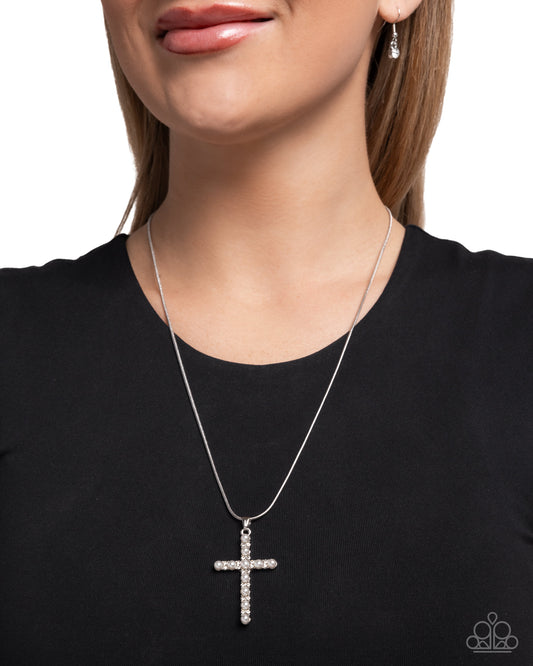 Holy Harmony - White Pearl Silver Snake Chain Cross Necklace Paparazzi N3496