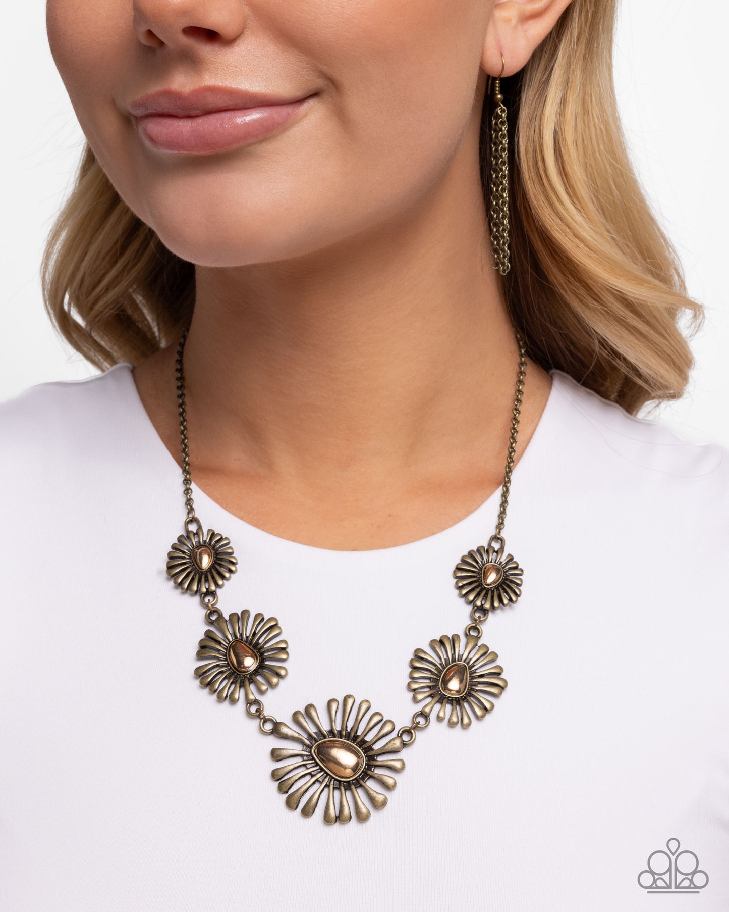 Floral Fin - Brass & Antiqued Gold Pebble Floral Necklace Paparazzi N2962