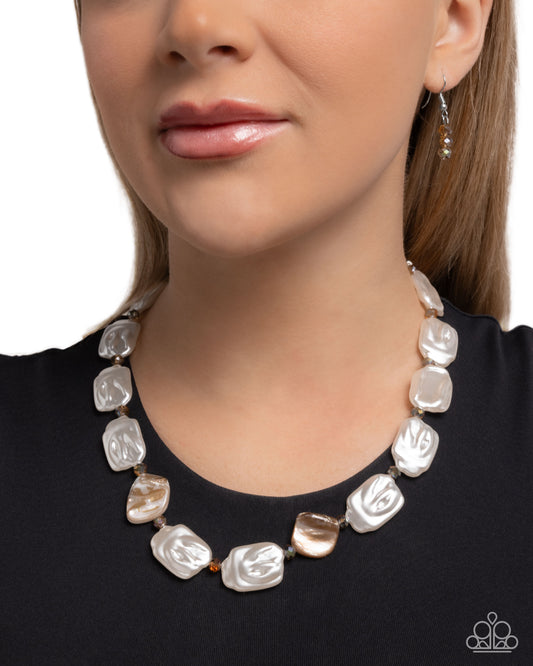 Crimped Collage - Multi White Baroque Pearl, Brown Shell Inspired Bead, UV Brown Crystal Necklace Paparazzi N3387