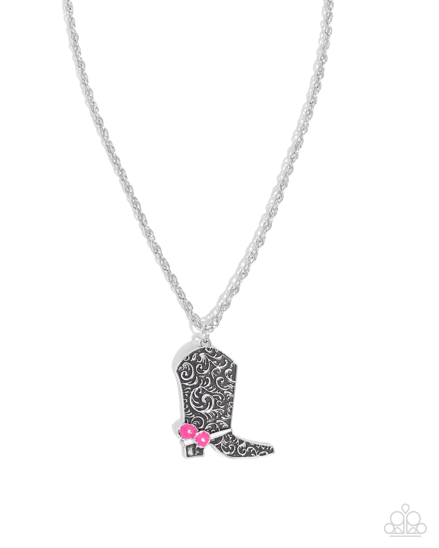 Blazing Boot - Pink Painted Flower Silver Cowboy Boot Pendant Necklace Paparazzi N3250