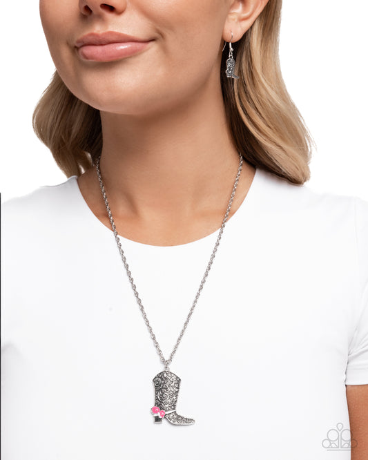 Blazing Boot - Pink Painted Flower Silver Cowboy Boot Pendant Necklace Paparazzi N3250