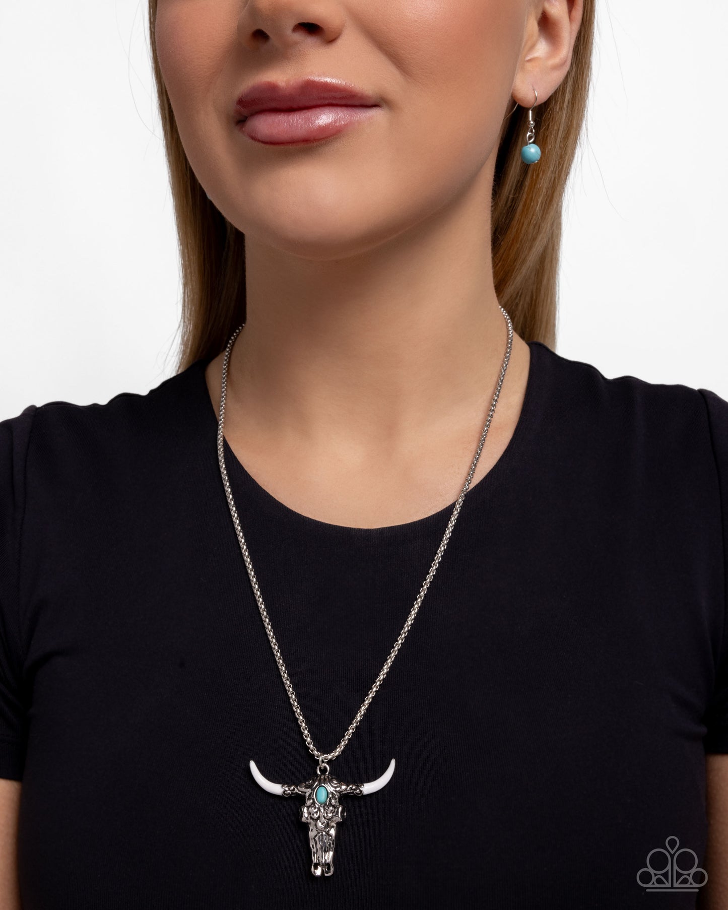 Longhorn Legacy - White Horn Silver Bull Skull Pendant Santa Fe Style Necklace Paparazzi N3171