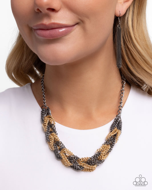 Braided Breakthrough - Black Gunmetal & Gold Curb Chain Necklace Paparazzi N3388