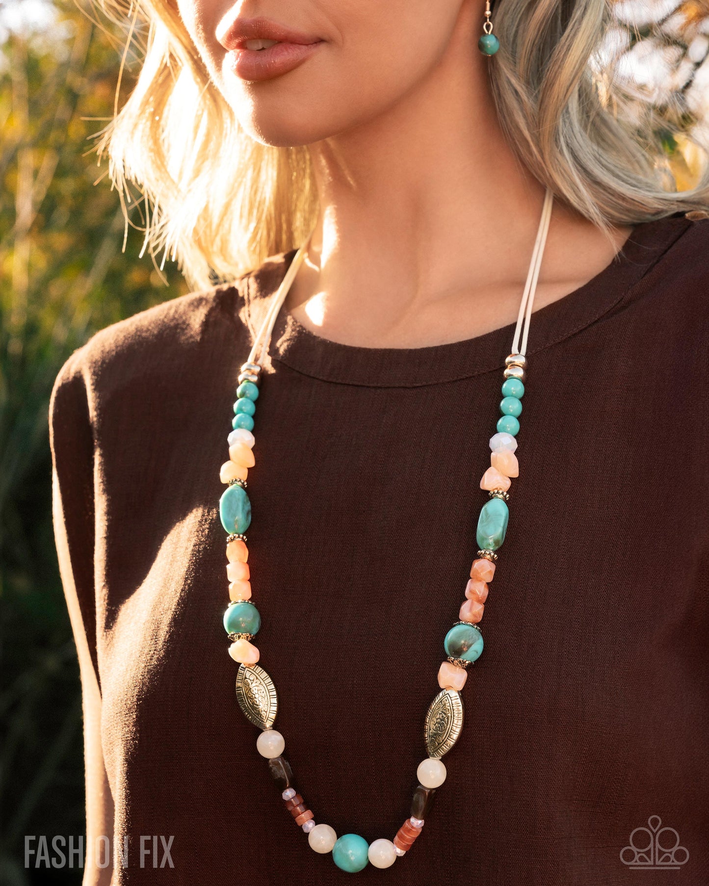 Earnest Elevation - Multicolored Turquoise, Tiger's Eye Stone Necklace Glimpses Of Malibu May 2025 Fashion Fix Paparazzi N3485