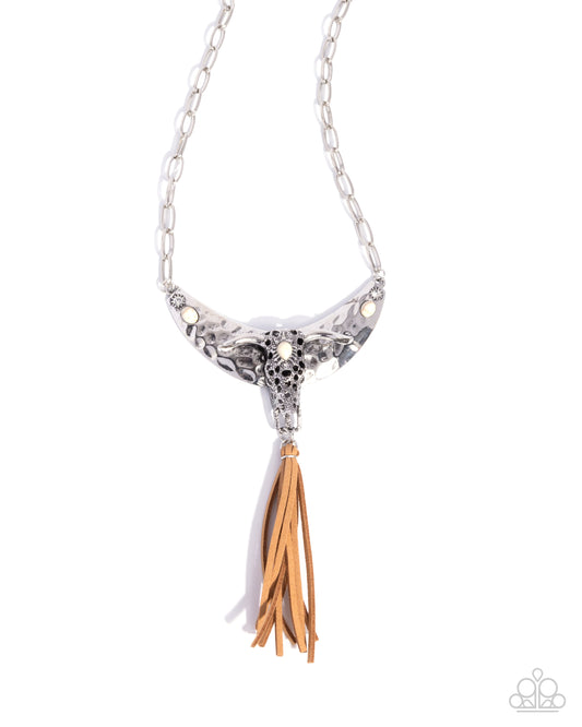 Limitless Longhorn - White Teardrop Stone Silver Bull Skull Pendant Santa Fe Style Necklace Paparazzi N2937