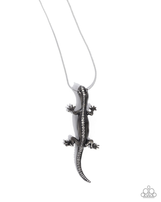 Salamander Statement - Black Gunmetal & White Rhinestone Salamander Pendant Necklace Paparazzi N3339