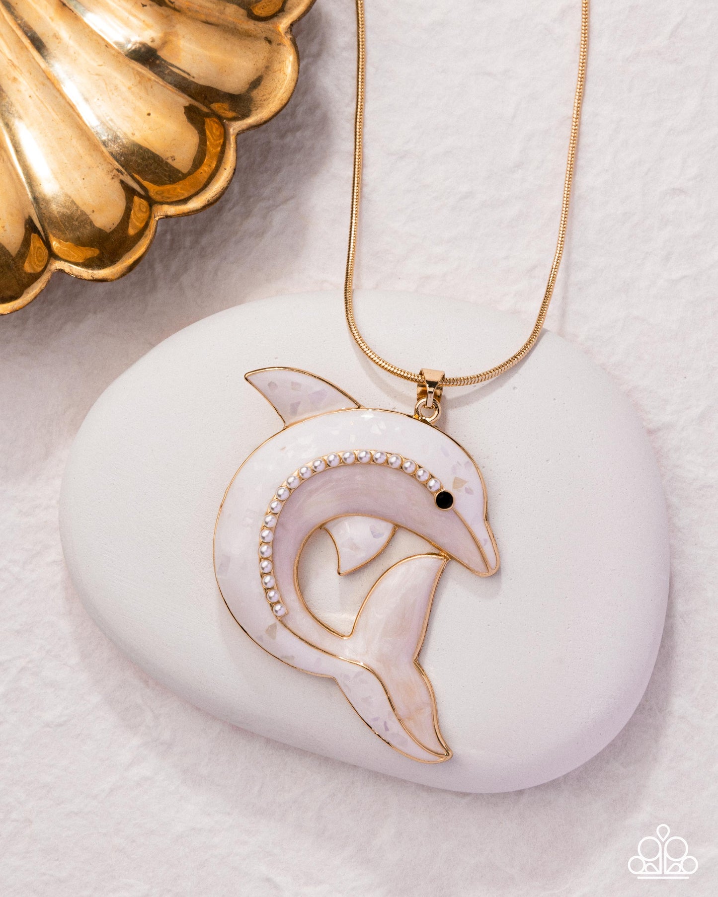 Dolphin Dive - Gold Snake Chain & White Dolphin Pendant Necklace Paparazzi N3255