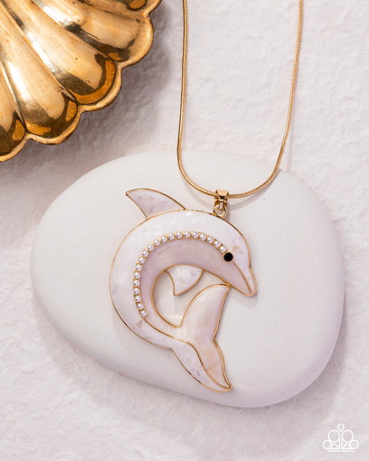 Dolphin Dive - Gold Snake Chain & White Dolphin Pendant Necklace Paparazzi N3255