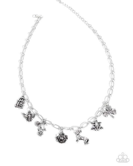 Storyteller Sheen - Silver Bee, Bike, Flower, Dog, Frog Charm Style  Necklace Paparazzi N2941
