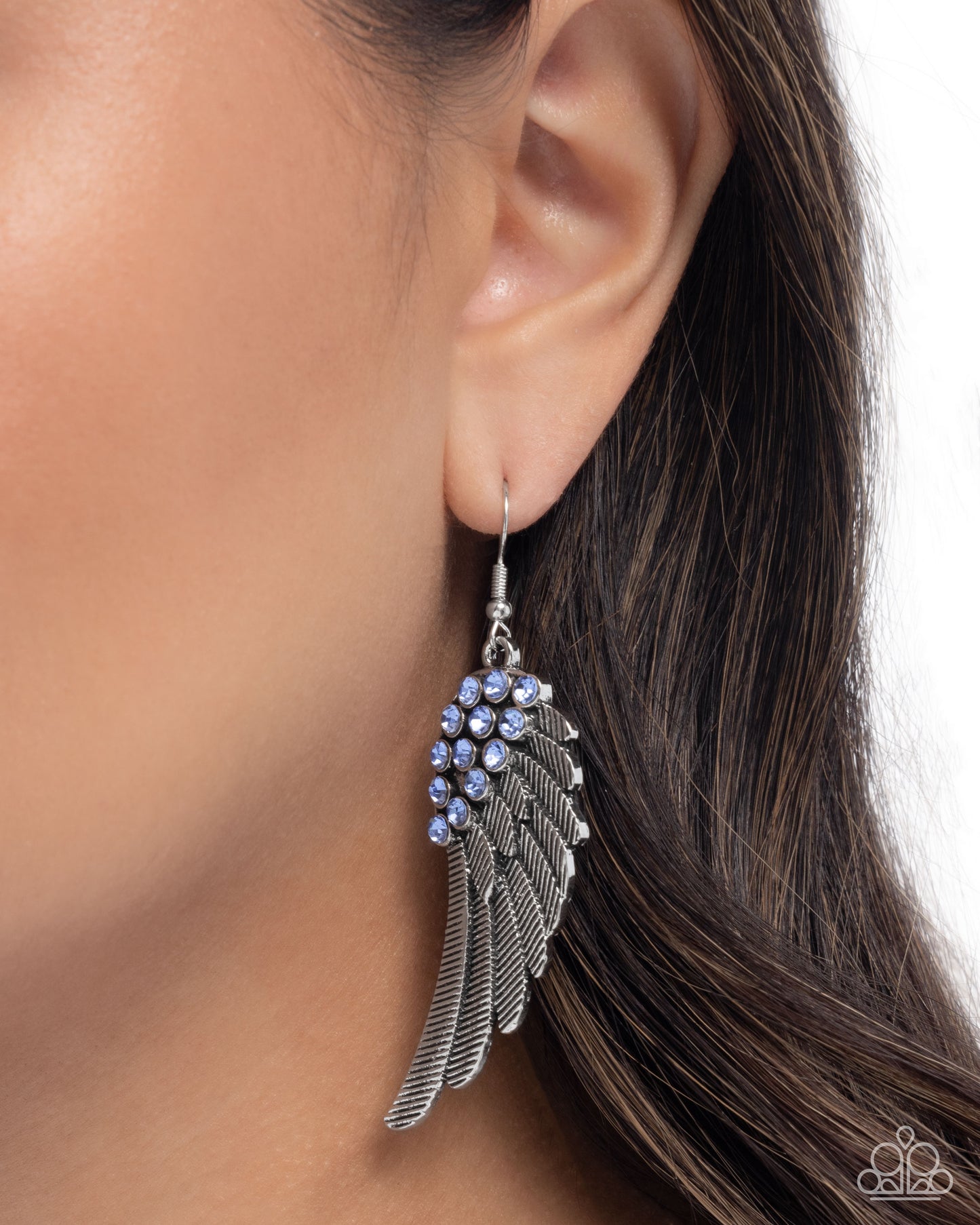 Angelic Abundance - Blue Light Sapphire Rhinestone Silver Angel Wing Earring Paparazzi E2885