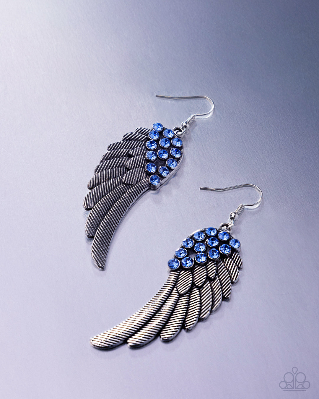Angelic Abundance - Blue Light Sapphire Rhinestone Silver Angel Wing Earring Paparazzi E2885