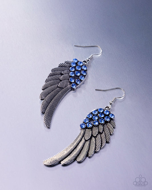 Angelic Abundance - Blue Light Sapphire Rhinestone Silver Angel Wing Earring Paparazzi E2885