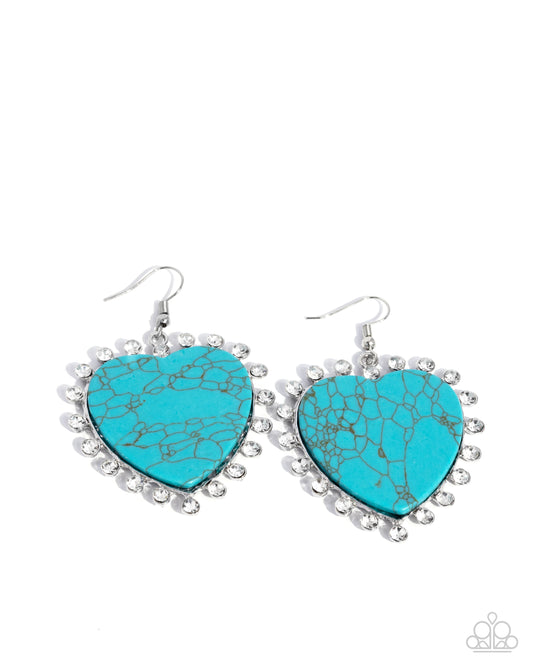 Dazzling Damsel - Blue Turquoise Stone & White Rhinestone Heart Earring Santa Fe Style Paparazzi