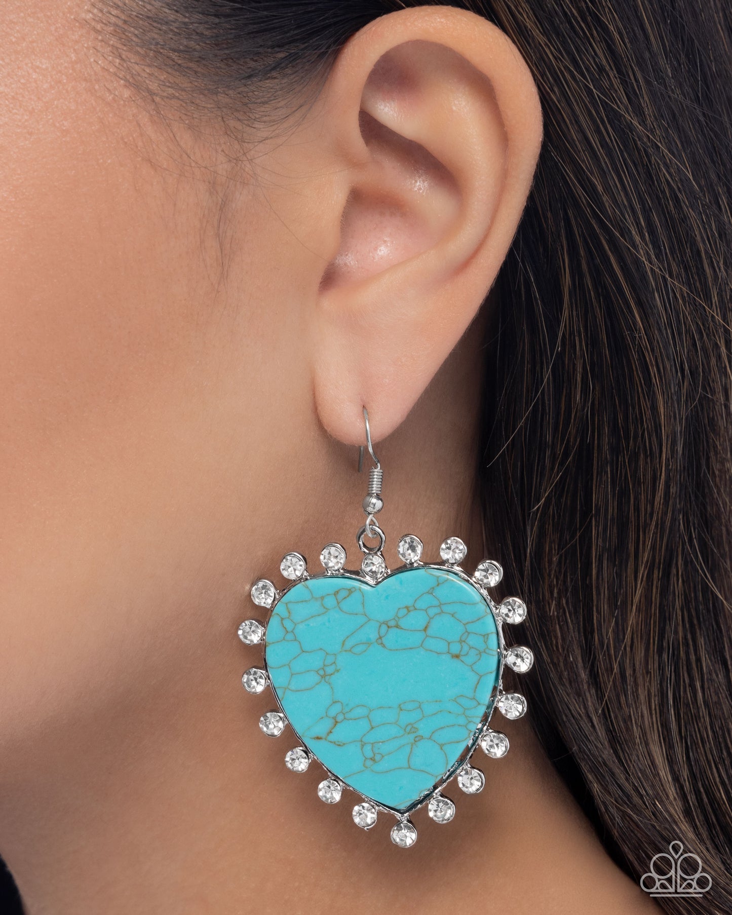 Dazzling Damsel - Blue Turquoise Stone & White Rhinestone Heart Earring Santa Fe Style Paparazzi E3037